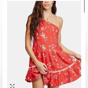 Free People all mine orange linen one shoulder floral ruffle dress size L